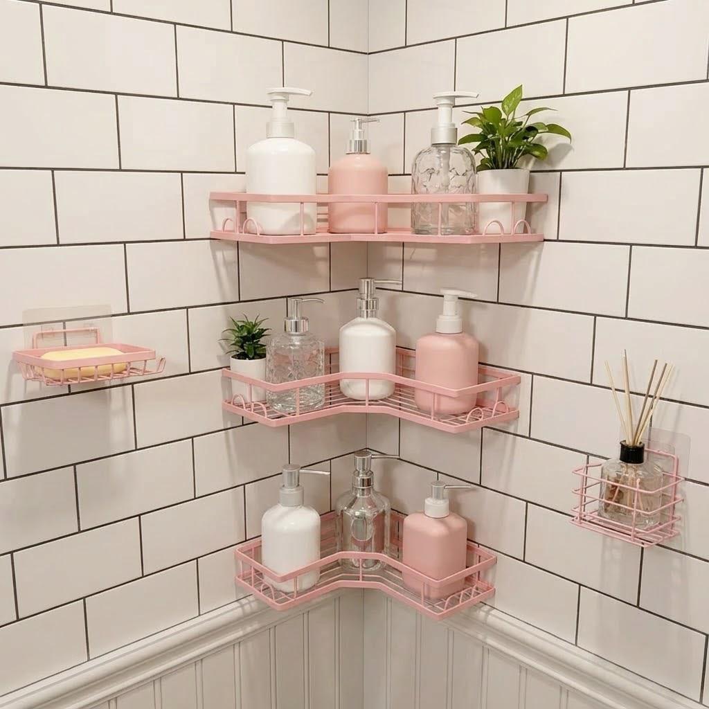 Home Essentials Bathroom Rack - 5-delige minimalistische roze douche-organizer set, boorvrije