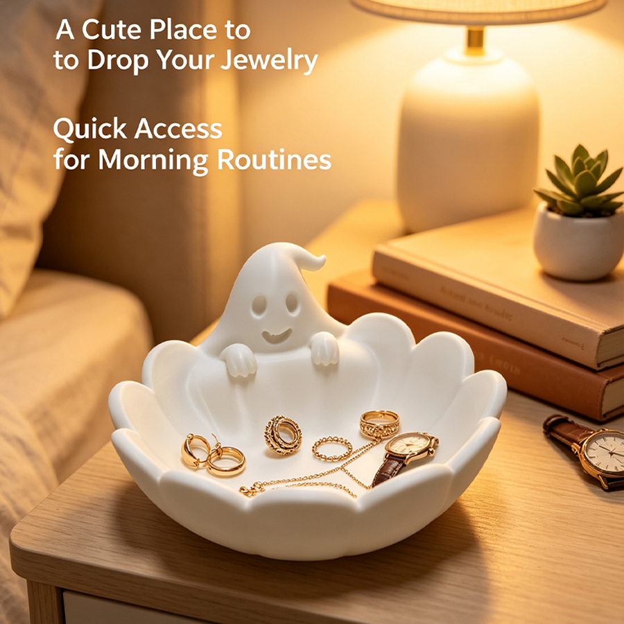 Home Essentials Bathroom Rack - Multifunctionele matwitte spookvormige sieradendoos, schattig spookdesign